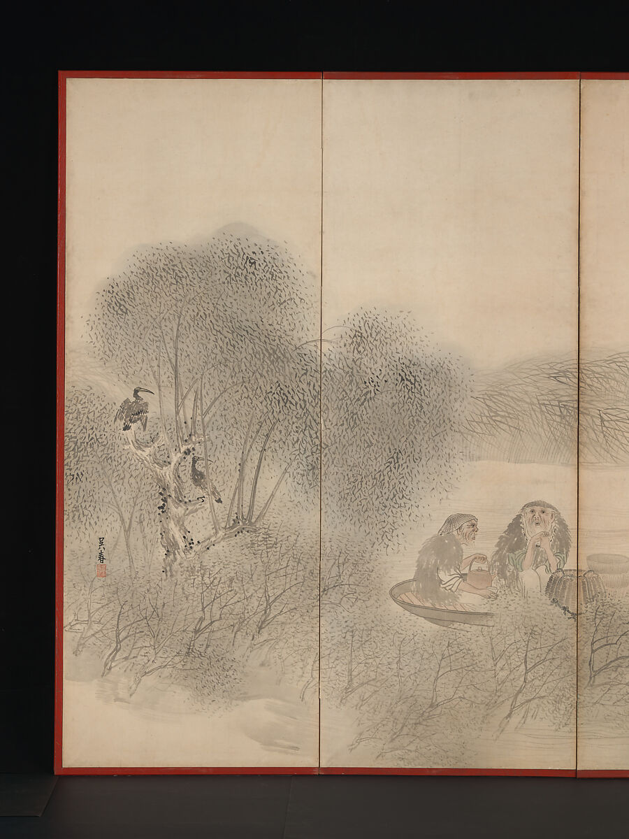 Woodcutters and Fishermen, Matsumura Goshun (Japanese, 1752–1811), Pair of six-panel folding screens; ink and color on paper, Japan