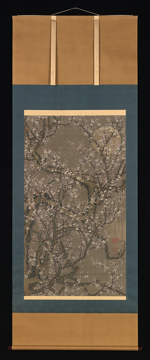 White Plum Blossoms and Moon, Itō Jakuchū (Japanese, 1716–1800), Hanging scroll; ink and color on silk, Japan