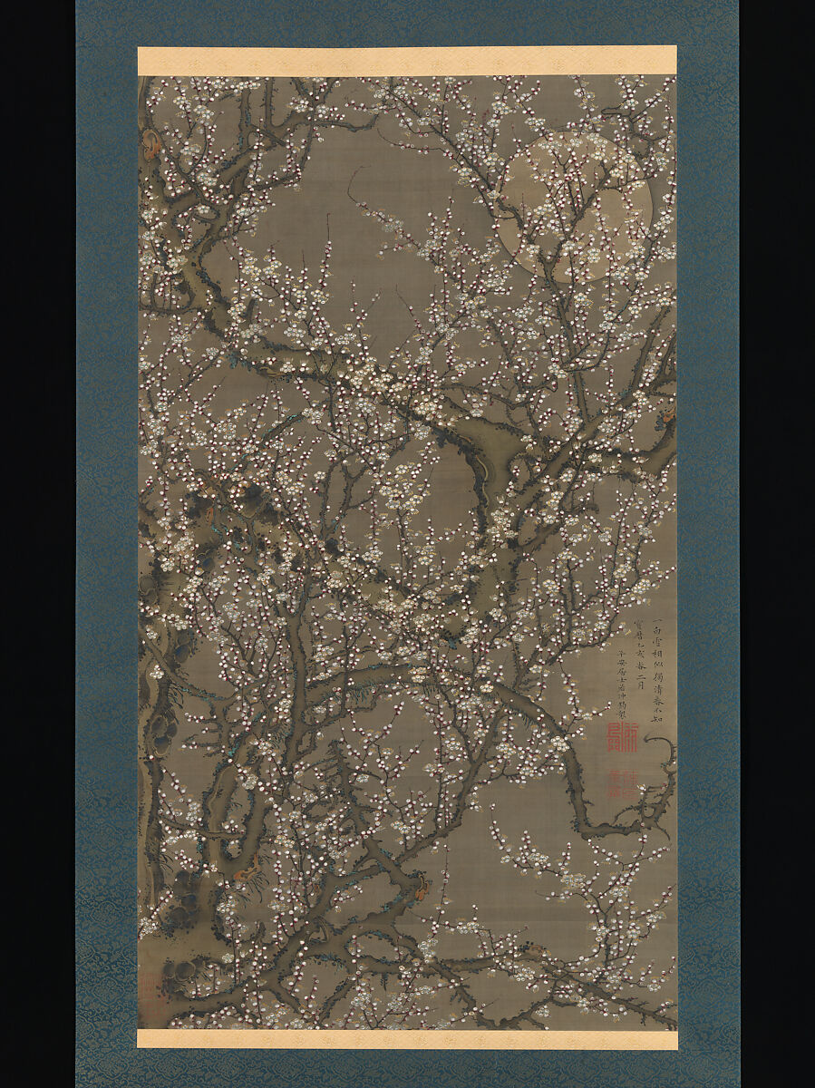 White Plum Blossoms and Moon, Itō Jakuchū (Japanese, 1716–1800), Hanging scroll; ink and color on silk, Japan 