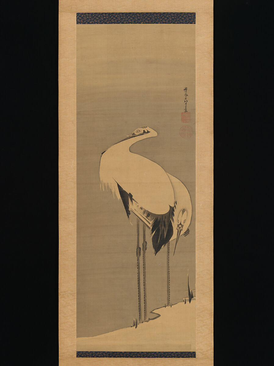 Two Cranes, Itō Jakuchū (Japanese, 1716–1800), Hanging scroll; ink on silk, Japan 