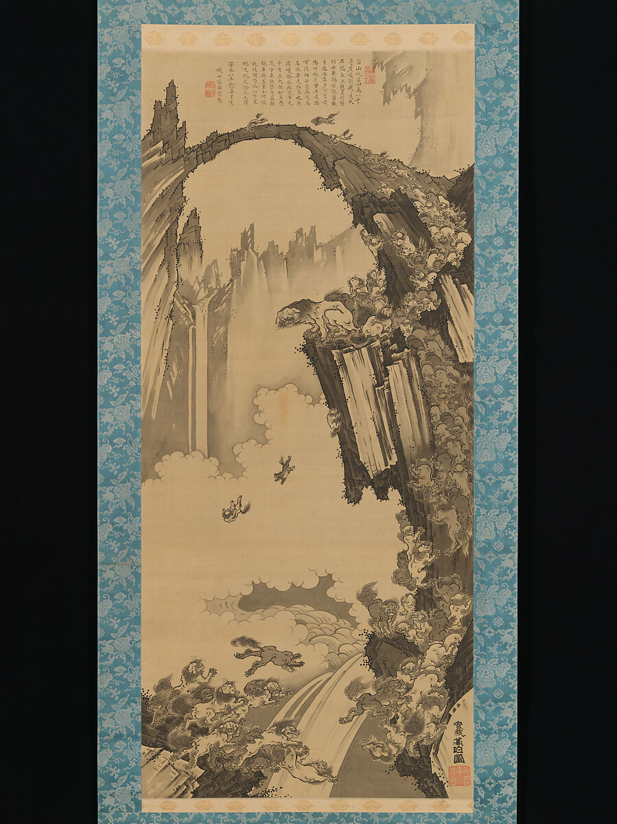 Lions at the Stone Bridge of Mount Tiantai, Soga Shōhaku (Japanese, 1730–1781), Hanging scroll; ink on silk, Japan 