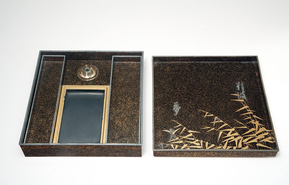 Writing Box (Suzuribako) with “Dream in Naniwa” Design, Lacquered wood with gold, silver takamaki-e, hiramaki-e, and silver inlay, Japan