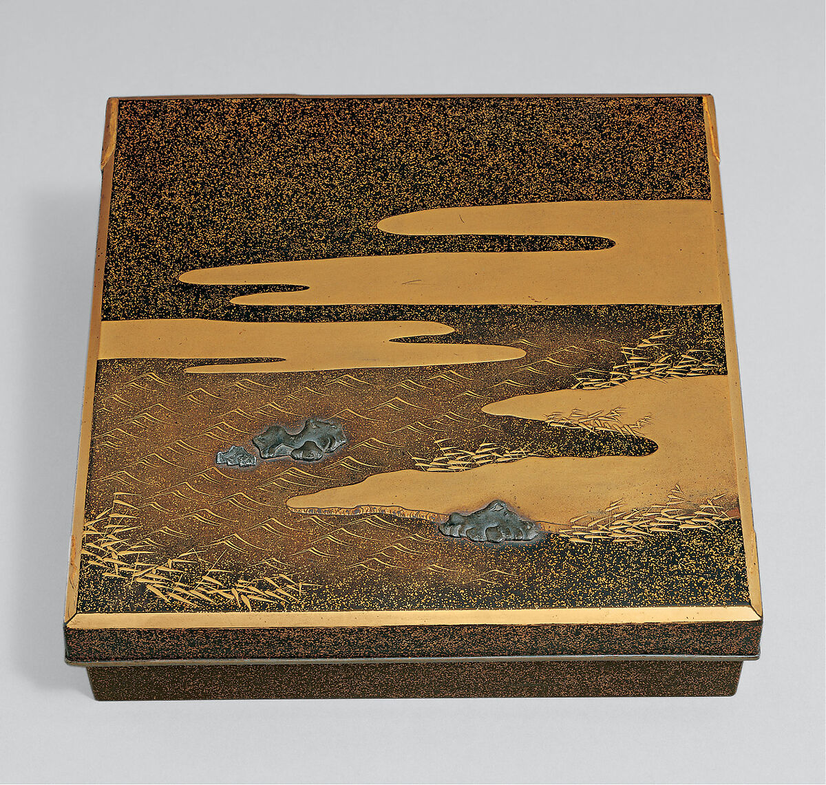 Writing Box (Suzuribako) with “Dream in Naniwa” Design, Lacquered wood with gold, silver takamaki-e, hiramaki-e, and silver inlay, Japan 