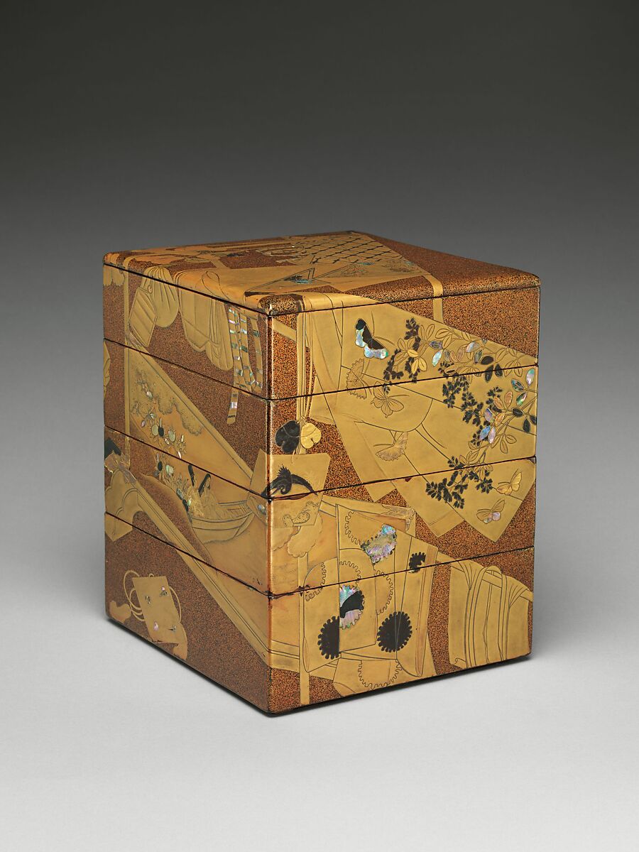 Stacked Food Box (Jūbako) with “Whose Sleeves?” (Tagasode) Design, Lacquered wood with gold and silver hiramaki-e, gold- and silver-foil application, and mother-of-pearl inlay on gold nashiji (“pear-skin”) ground, Japan