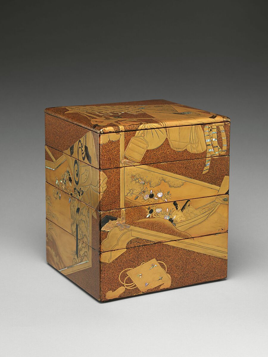Stacked Food Box (Jūbako) with “Whose Sleeves?” (Tagasode) Design, Lacquered wood with gold and silver hiramaki-e, gold- and silver-foil application, and mother-of-pearl inlay on gold nashiji (“pear-skin”) ground, Japan