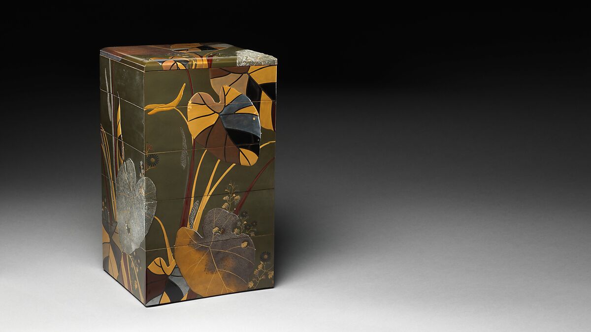 Stacked Food Box (Jūbako) with Taro Plants and Chrysanthemums, Shibata Zeshin (Japanese, 1807–1891), Lacquered wood, gold and silver hiramaki-e, takamaki-e, and colored togidashimaki-e, Japan