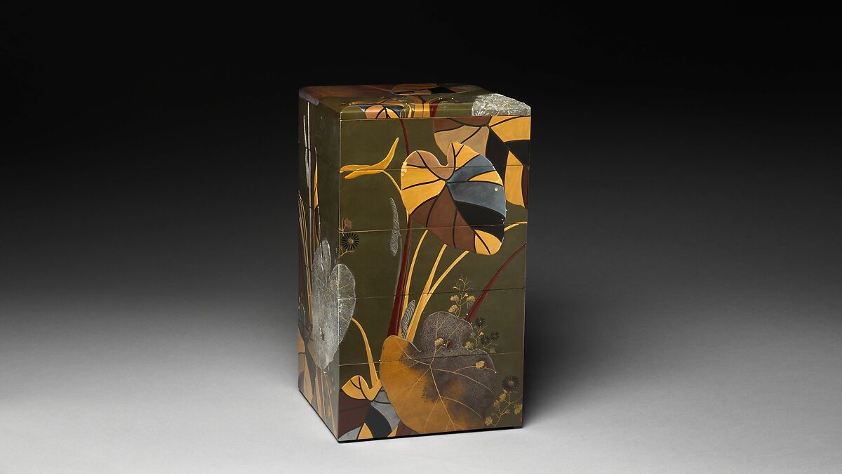 Stacked Food Box (Jūbako) with Taro Plants and Chrysanthemums, Shibata Zeshin (Japanese, 1807–1891), Lacquered wood, gold and silver hiramaki-e, takamaki-e, and colored togidashimaki-e, Japan 