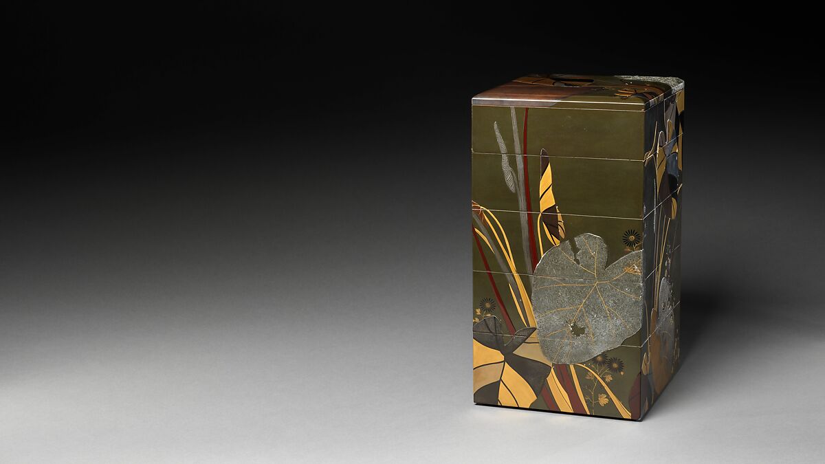 Stacked Food Box (Jūbako) with Taro Plants and Chrysanthemums, Shibata Zeshin (Japanese, 1807–1891), Lacquered wood, gold and silver hiramaki-e, takamaki-e, and colored togidashimaki-e, Japan