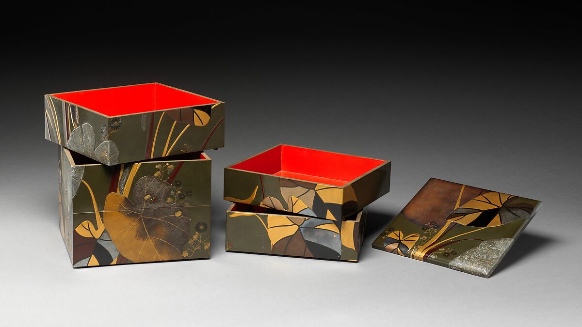 Stacked Food Box (Jūbako) with Taro Plants and Chrysanthemums, Shibata Zeshin (Japanese, 1807–1891), Lacquered wood, gold and silver hiramaki-e, takamaki-e, and colored togidashimaki-e, Japan