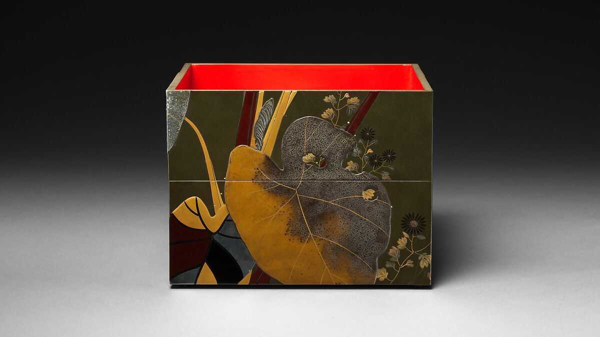 Stacked Food Box (Jūbako) with Taro Plants and Chrysanthemums, Shibata Zeshin (Japanese, 1807–1891), Lacquered wood, gold and silver hiramaki-e, takamaki-e, and colored togidashimaki-e, Japan