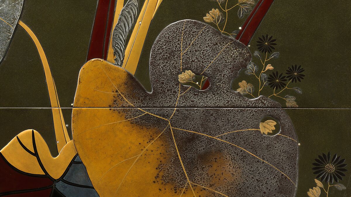 Stacked Food Box (Jūbako) with Taro Plants and Chrysanthemums, Shibata Zeshin (Japanese, 1807–1891), Lacquered wood, gold and silver hiramaki-e, takamaki-e, and colored togidashimaki-e, Japan