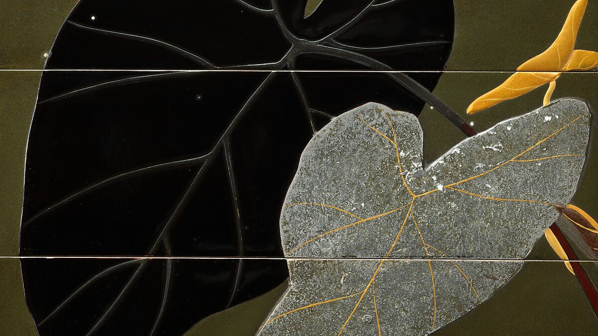 Stacked Food Box (Jūbako) with Taro Plants and Chrysanthemums, Shibata Zeshin (Japanese, 1807–1891), Lacquered wood, gold and silver hiramaki-e, takamaki-e, and colored togidashimaki-e, Japan