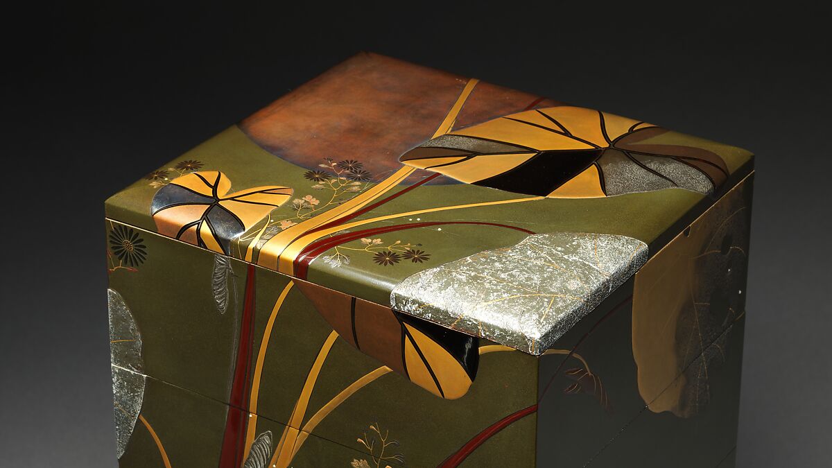 Stacked Food Box (Jūbako) with Taro Plants and Chrysanthemums, Shibata Zeshin (Japanese, 1807–1891), Lacquered wood, gold and silver hiramaki-e, takamaki-e, and colored togidashimaki-e, Japan