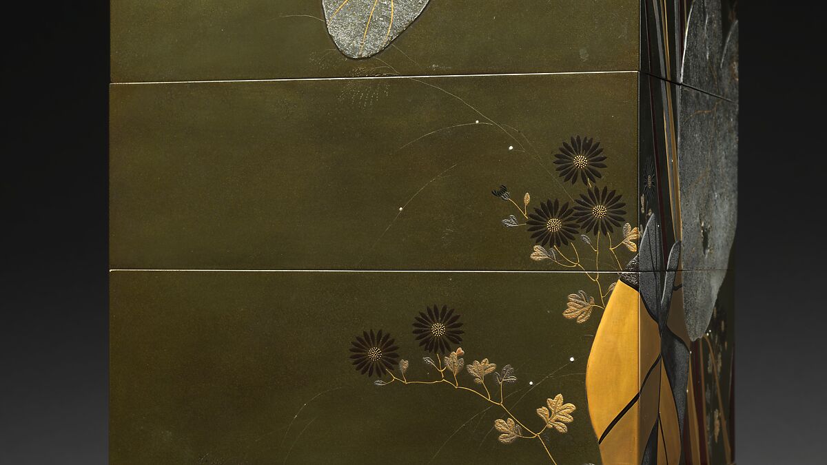 Stacked Food Box (Jūbako) with Taro Plants and Chrysanthemums, Shibata Zeshin (Japanese, 1807–1891), Lacquered wood, gold and silver hiramaki-e, takamaki-e, and colored togidashimaki-e, Japan