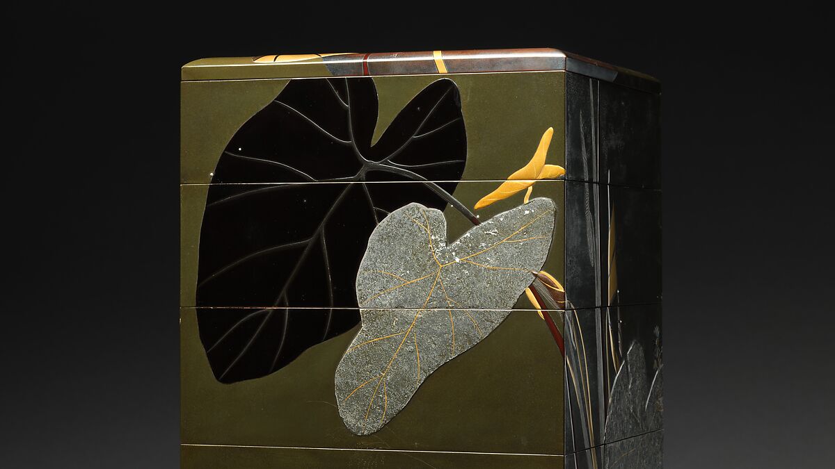 Stacked Food Box (Jūbako) with Taro Plants and Chrysanthemums, Shibata Zeshin (Japanese, 1807–1891), Lacquered wood, gold and silver hiramaki-e, takamaki-e, and colored togidashimaki-e, Japan