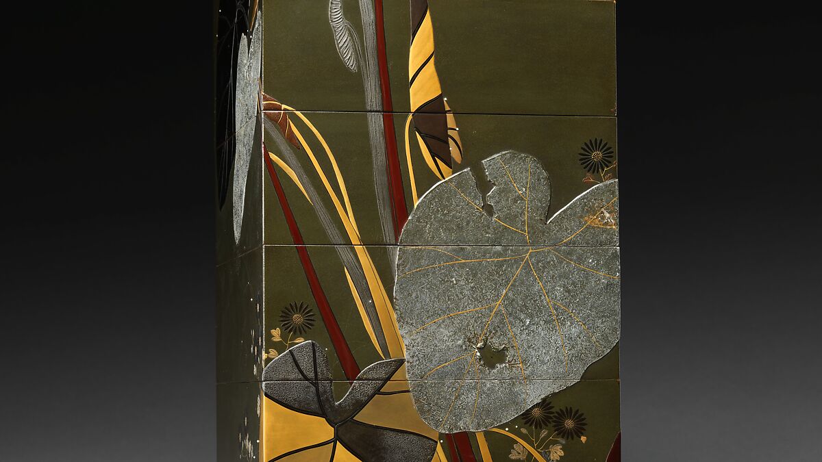 Stacked Food Box (Jūbako) with Taro Plants and Chrysanthemums, Shibata Zeshin (Japanese, 1807–1891), Lacquered wood, gold and silver hiramaki-e, takamaki-e, and colored togidashimaki-e, Japan