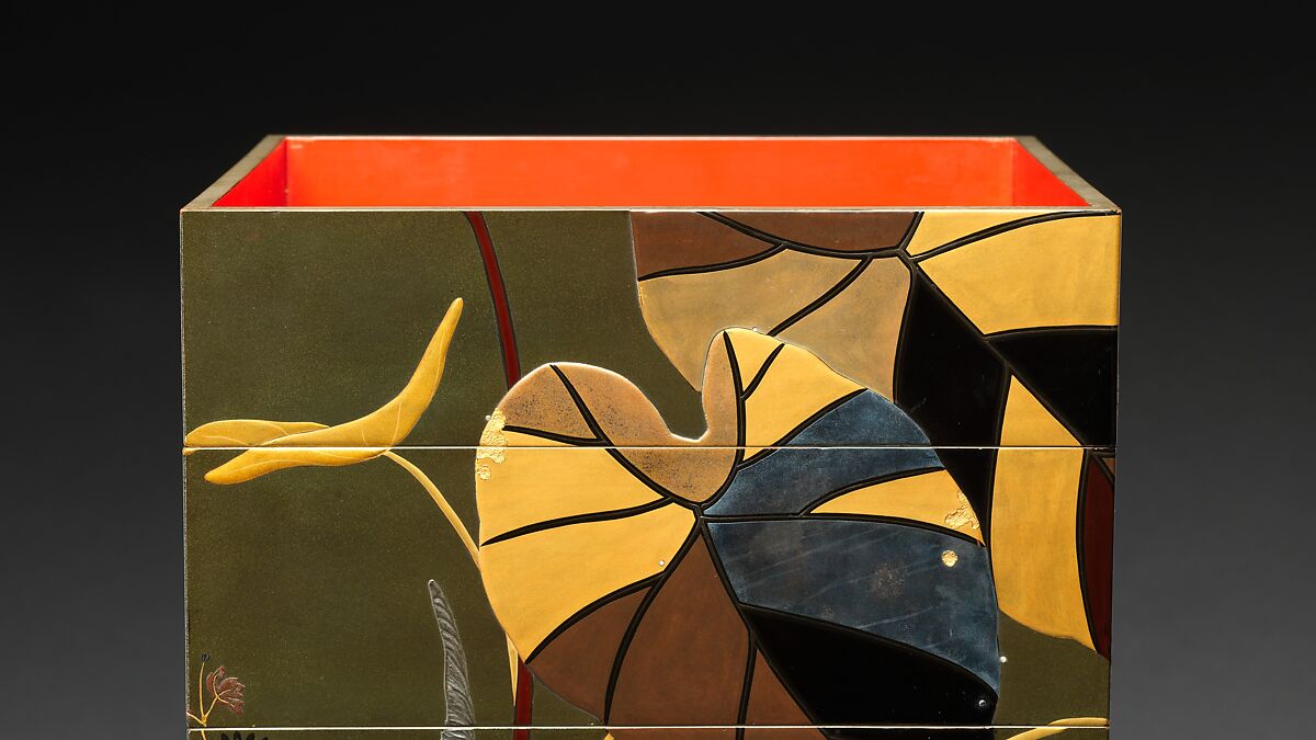 Stacked Food Box (Jūbako) with Taro Plants and Chrysanthemums, Shibata Zeshin (Japanese, 1807–1891), Lacquered wood, gold and silver hiramaki-e, takamaki-e, and colored togidashimaki-e, Japan