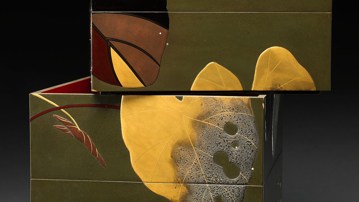 Stacked Food Box (Jūbako) with Taro Plants and Chrysanthemums, Shibata Zeshin (Japanese, 1807–1891), Lacquered wood, gold and silver hiramaki-e, takamaki-e, and colored togidashimaki-e, Japan