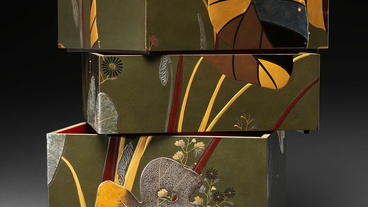 Stacked Food Box (Jūbako) with Taro Plants and Chrysanthemums, Shibata Zeshin (Japanese, 1807–1891), Lacquered wood, gold and silver hiramaki-e, takamaki-e, and colored togidashimaki-e, Japan