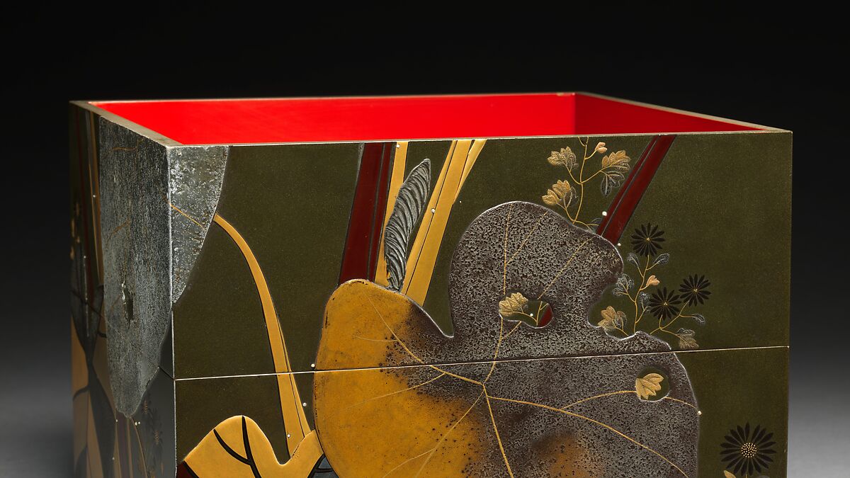 Stacked Food Box (Jūbako) with Taro Plants and Chrysanthemums, Shibata Zeshin (Japanese, 1807–1891), Lacquered wood, gold and silver hiramaki-e, takamaki-e, and colored togidashimaki-e, Japan