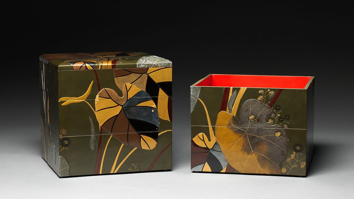 Stacked Food Box (Jūbako) with Taro Plants and Chrysanthemums, Shibata Zeshin (Japanese, 1807–1891), Lacquered wood, gold and silver hiramaki-e, takamaki-e, and colored togidashimaki-e, Japan