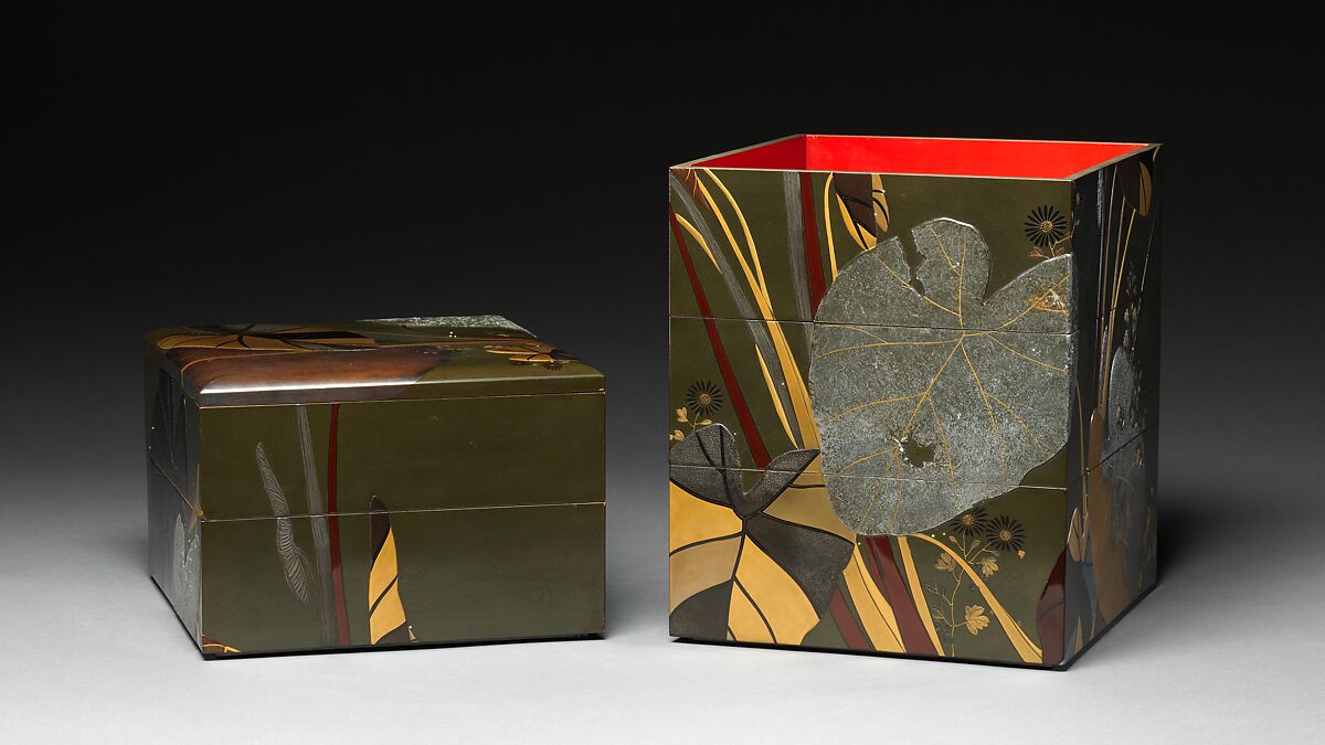 Stacked Food Box (Jūbako) with Taro Plants and Chrysanthemums, Shibata Zeshin (Japanese, 1807–1891), Lacquered wood, gold and silver hiramaki-e, takamaki-e, and colored togidashimaki-e, Japan