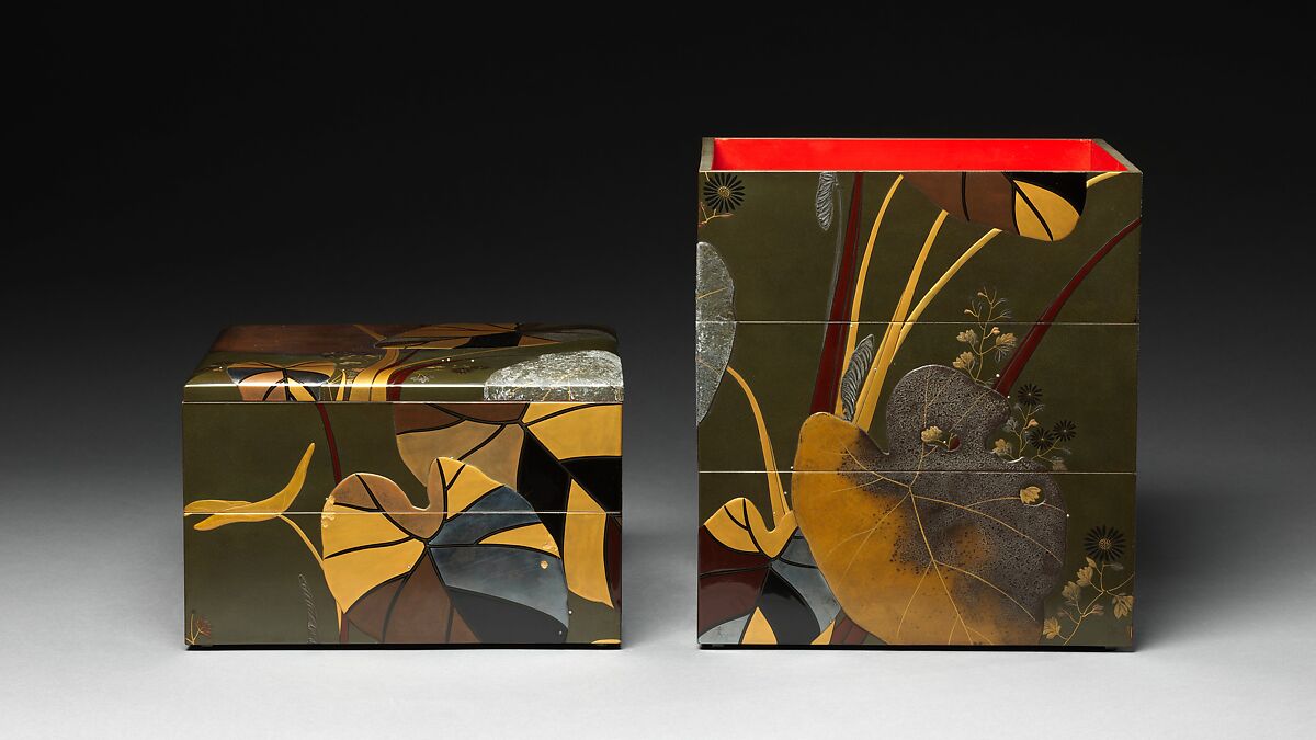 Stacked Food Box (Jūbako) with Taro Plants and Chrysanthemums, Shibata Zeshin (Japanese, 1807–1891), Lacquered wood, gold and silver hiramaki-e, takamaki-e, and colored togidashimaki-e, Japan