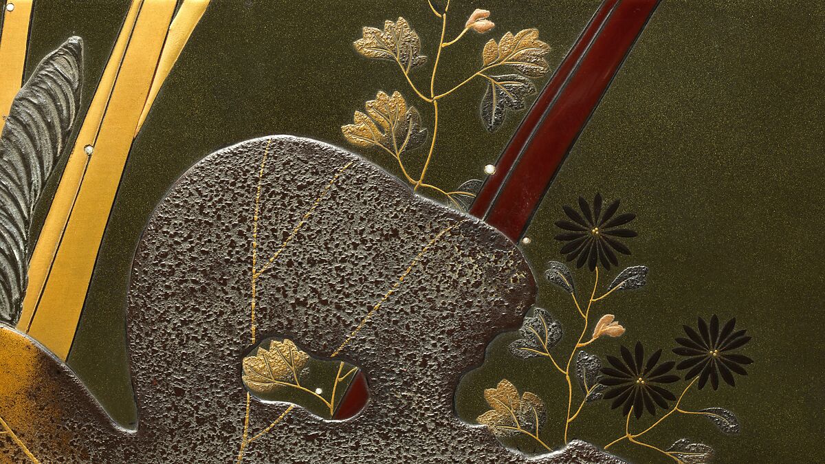 Stacked Food Box (Jūbako) with Taro Plants and Chrysanthemums, Shibata Zeshin (Japanese, 1807–1891), Lacquered wood, gold and silver hiramaki-e, takamaki-e, and colored togidashimaki-e, Japan