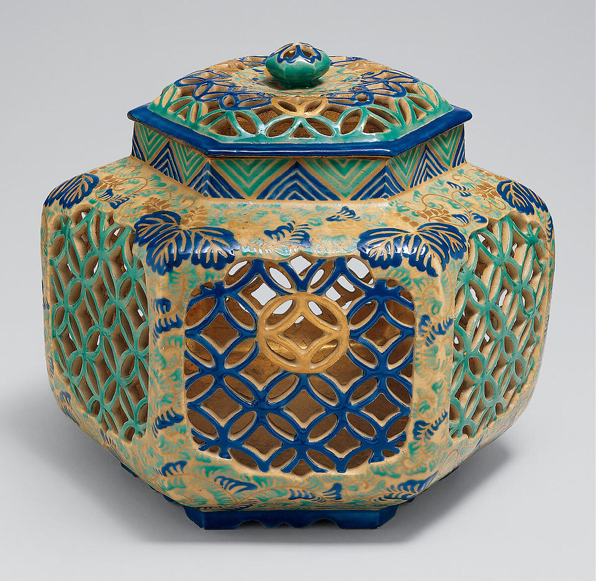 Hexagonal Jar (Rokkaku-tsubo) with Paulownia and Geometric Design, Stoneware with polychrome overglaze enamels and gold (Ko-Kiyomizu ware), Japan 