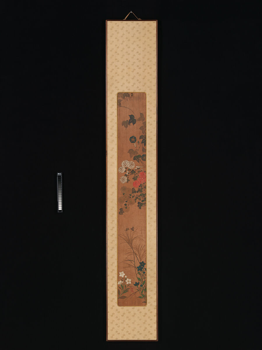 Flowers of Spring and Autumn, Ogata Kōrin (Japanese, 1658–1716), Pair of panels; ink and color on cryptomeria wood, Japan