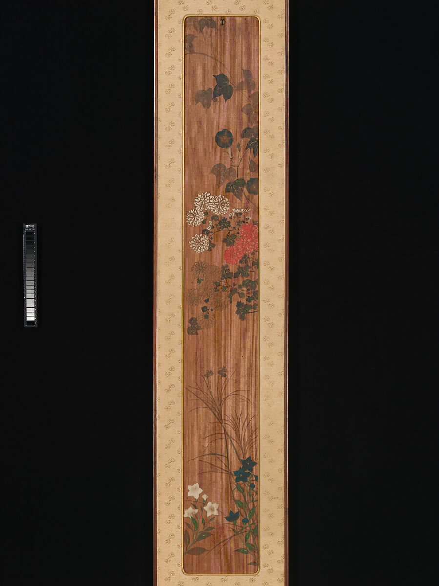 Flowers of Spring and Autumn, Ogata Kōrin (Japanese, 1658–1716), Pair of panels; ink and color on cryptomeria wood, Japan