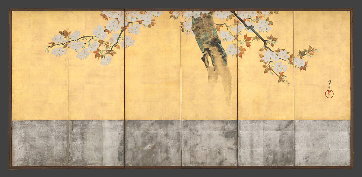 Blossoming Cherry Trees, Sakai Hōitsu (Japanese, 1761–1828), Pair of six-panel folding screens; ink, color, and gold leaf on paper, Japan 