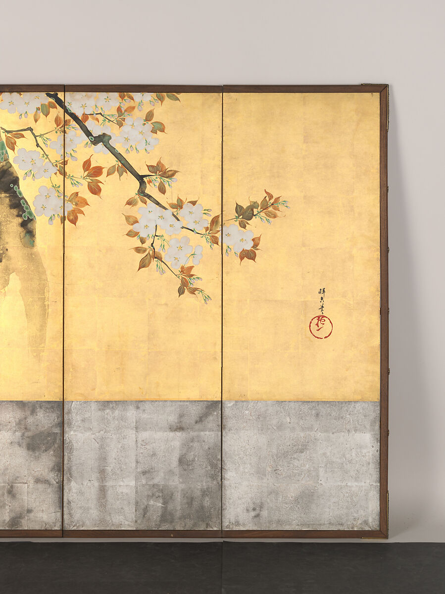 Blossoming Cherry Trees, Sakai Hōitsu (Japanese, 1761–1828), Pair of six-panel folding screens; ink, color, and gold leaf on paper, Japan