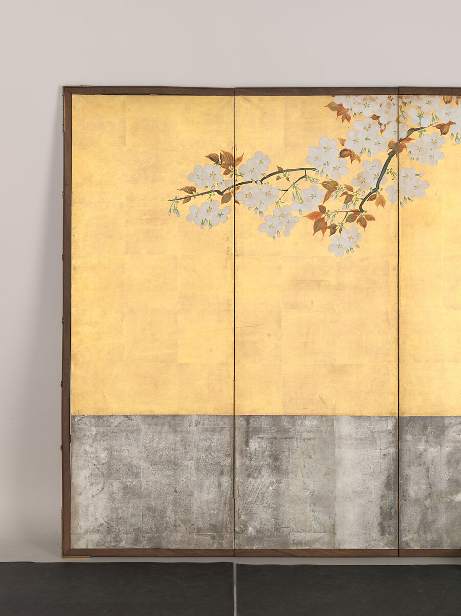 Blossoming Cherry Trees, Sakai Hōitsu (Japanese, 1761–1828), Pair of six-panel folding screens; ink, color, and gold leaf on paper, Japan