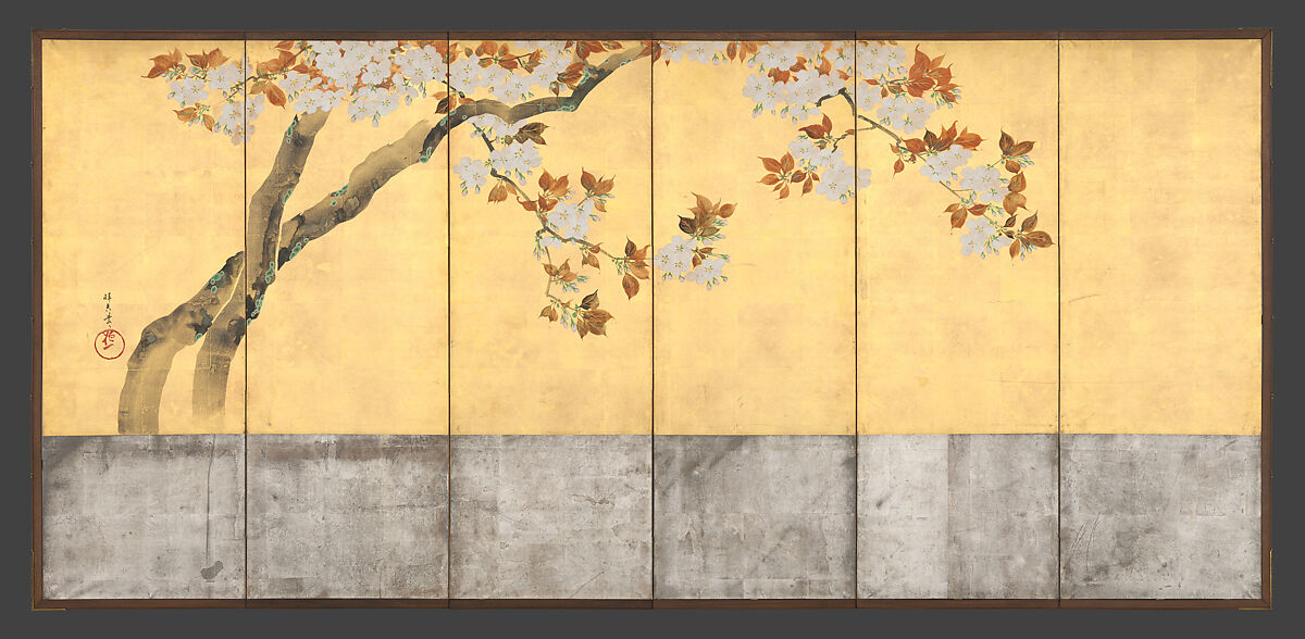 Blossoming Cherry Trees, Sakai Hōitsu (Japanese, 1761–1828), Pair of six-panel folding screens; ink, color, and gold leaf on paper, Japan