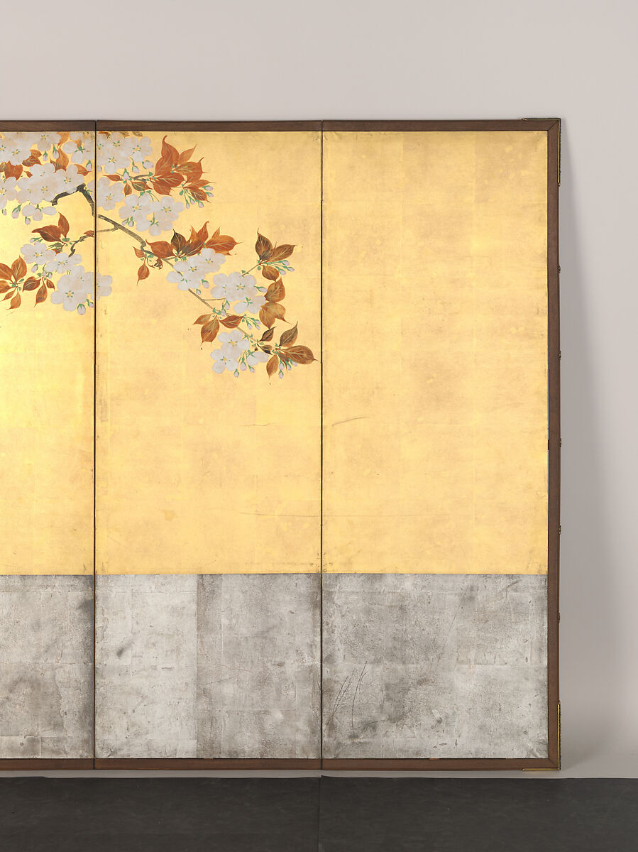 Blossoming Cherry Trees, Sakai Hōitsu (Japanese, 1761–1828), Pair of six-panel folding screens; ink, color, and gold leaf on paper, Japan