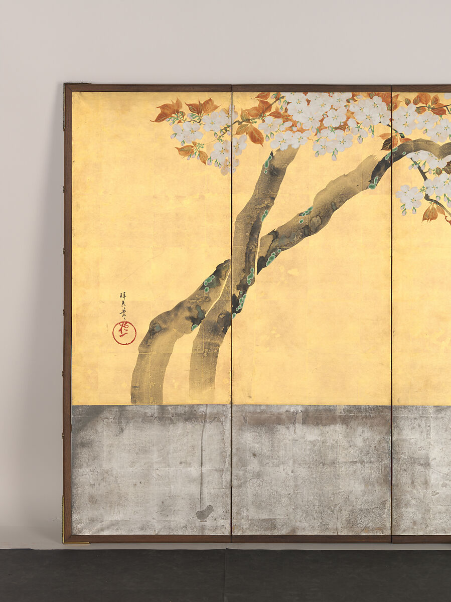 Blossoming Cherry Trees, Sakai Hōitsu (Japanese, 1761–1828), Pair of six-panel folding screens; ink, color, and gold leaf on paper, Japan