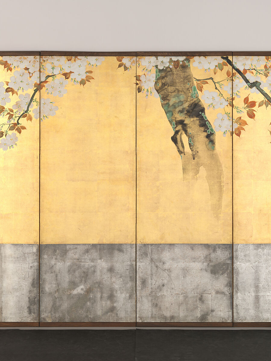 Blossoming Cherry Trees, Sakai Hōitsu (Japanese, 1761–1828), Pair of six-panel folding screens; ink, color, and gold leaf on paper, Japan