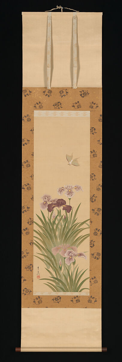 Irises and Moth, Suzuki Kiitsu (Japanese, 1796–1858), Hanging scroll; ink and color on silk, Japan