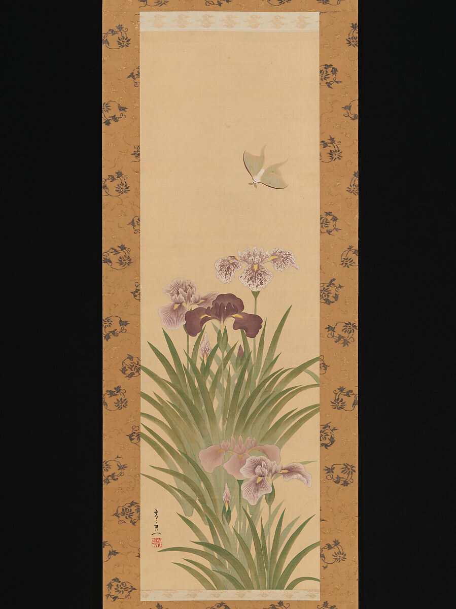 Irises and Moth, Suzuki Kiitsu (Japanese, 1796–1858), Hanging scroll; ink and color on silk, Japan 