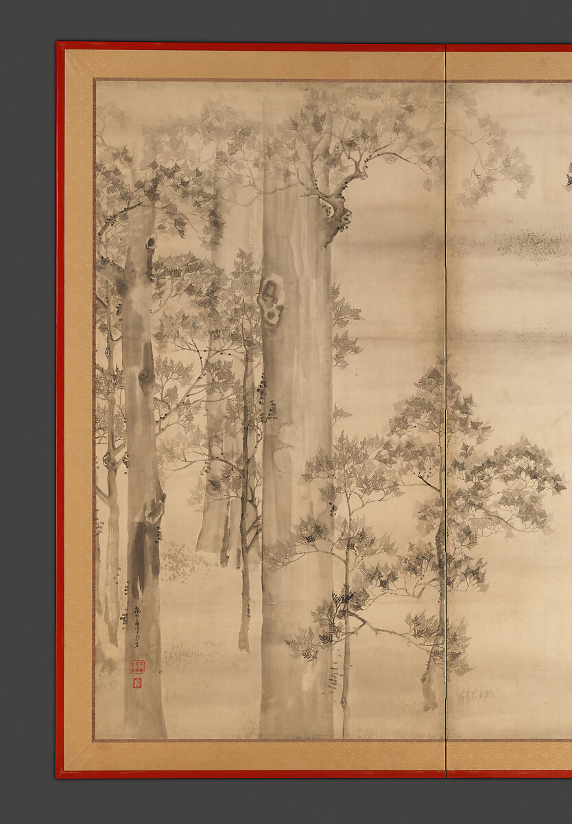 Cypresses, Ikeda Koson (Japanese, 1803–1868), Two-panel folding screen; ink on paper, Japan
