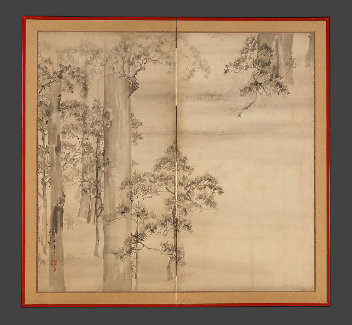 Cypresses, Ikeda Koson (Japanese, 1803–1868), Two-panel folding screen; ink on paper, Japan 