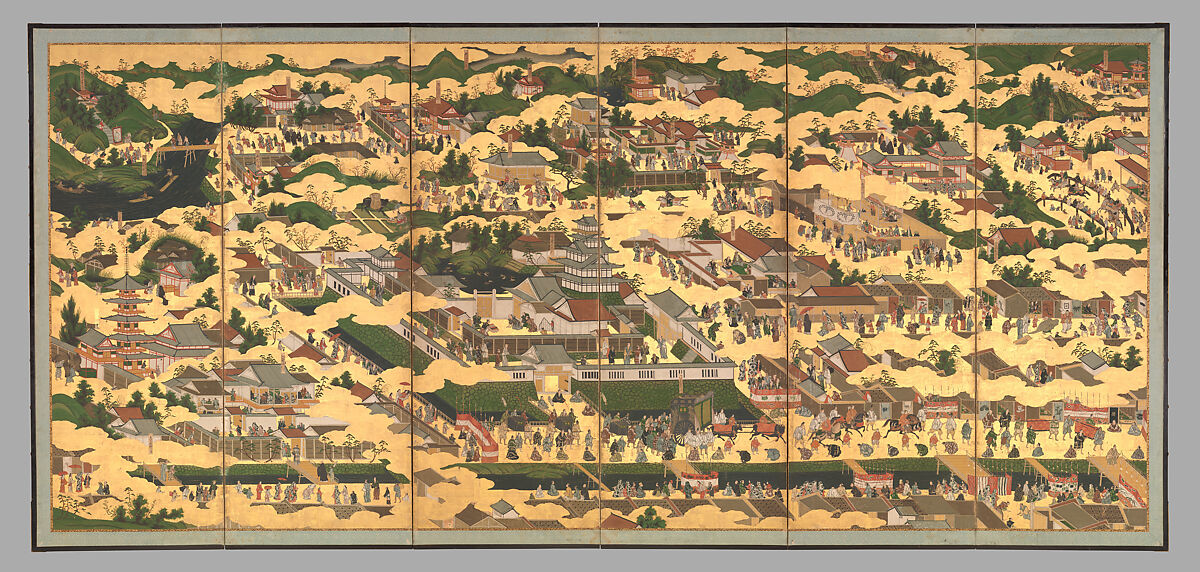 Scenes in and around the Capital, Pair of six-panel folding screens; ink, color, gold, and gold leaf on paper, Japan