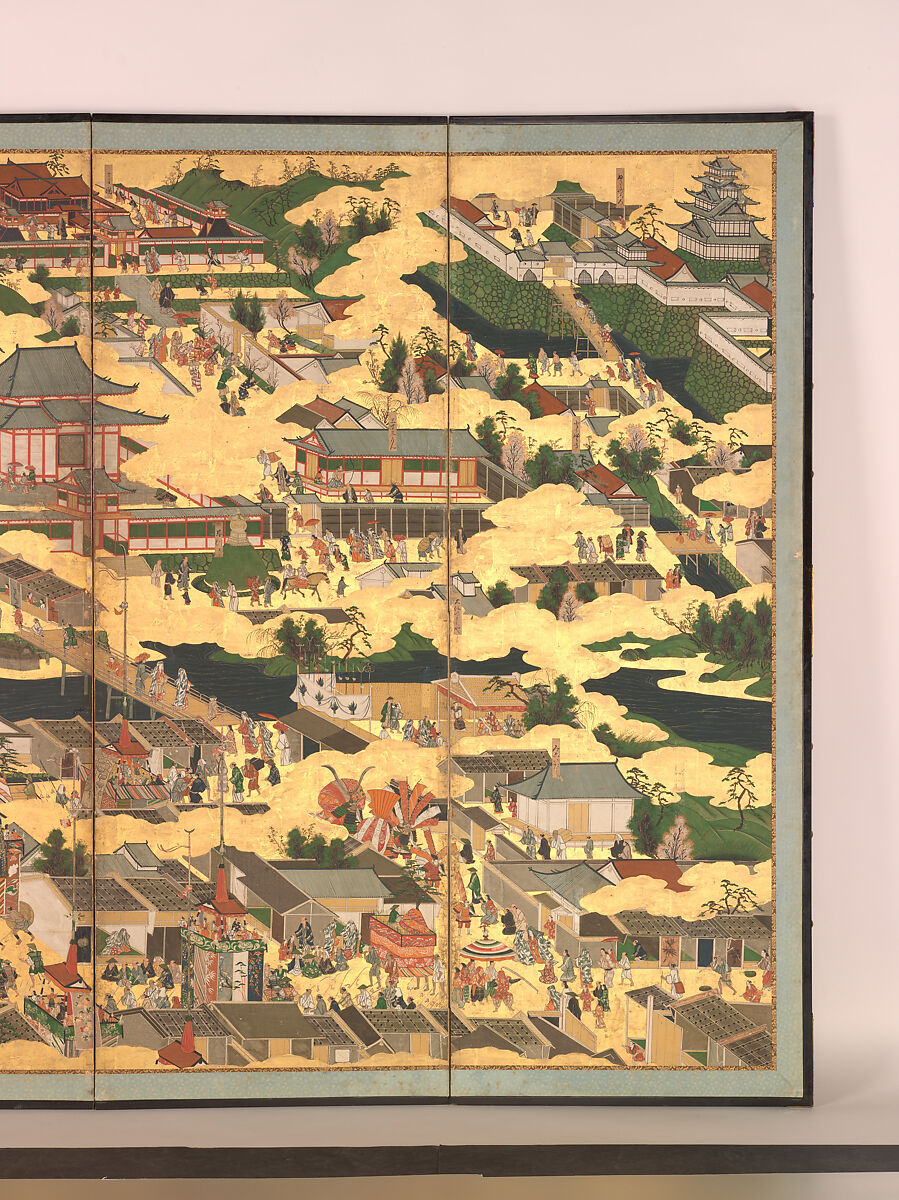 Scenes in and around the Capital, Pair of six-panel folding screens; ink, color, gold, and gold leaf on paper, Japan