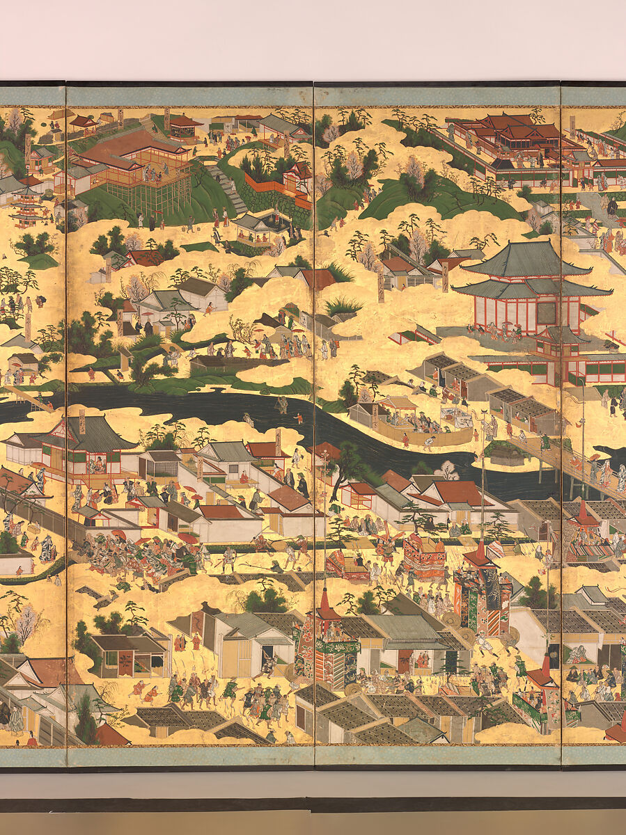 Scenes in and around the Capital, Pair of six-panel folding screens; ink, color, gold, and gold leaf on paper, Japan