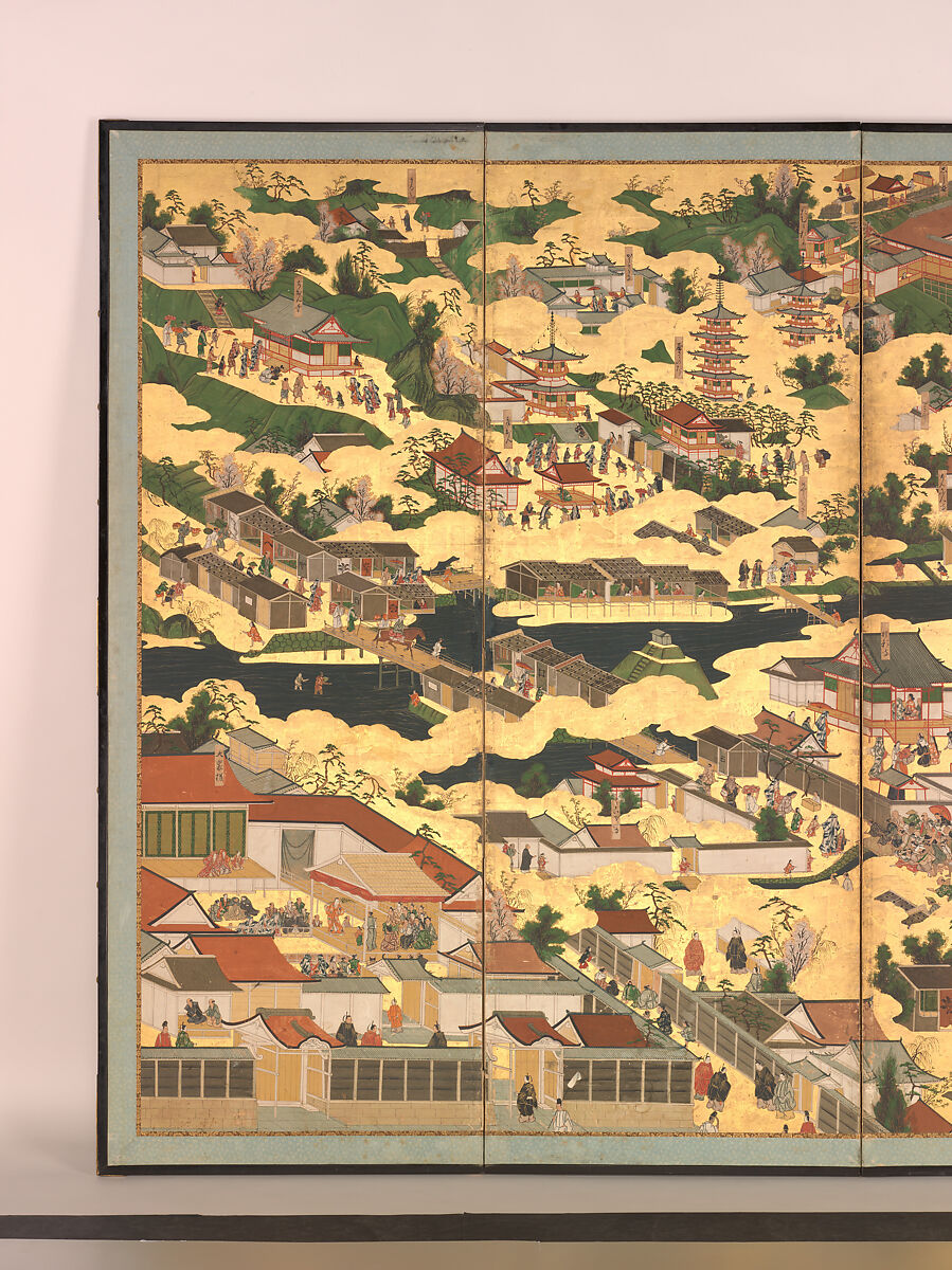 Scenes in and around the Capital, Pair of six-panel folding screens; ink, color, gold, and gold leaf on paper, Japan