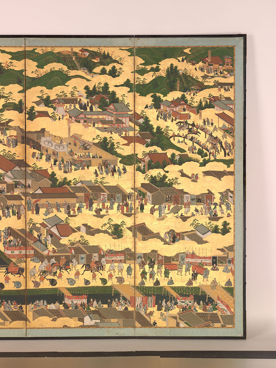 Scenes in and around the Capital, Pair of six-panel folding screens; ink, color, gold, and gold leaf on paper, Japan
