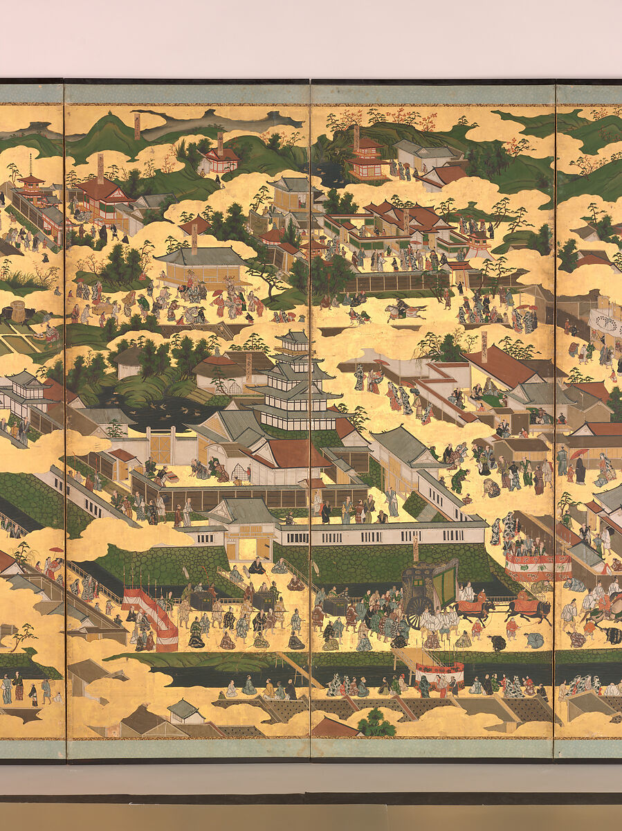 Scenes in and around the Capital, Pair of six-panel folding screens; ink, color, gold, and gold leaf on paper, Japan