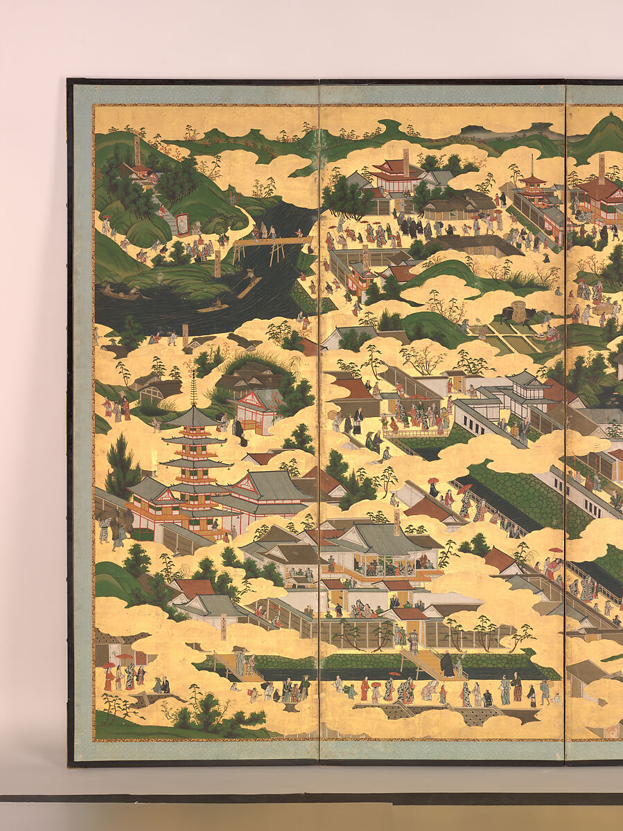 Scenes in and around the Capital, Pair of six-panel folding screens; ink, color, gold, and gold leaf on paper, Japan