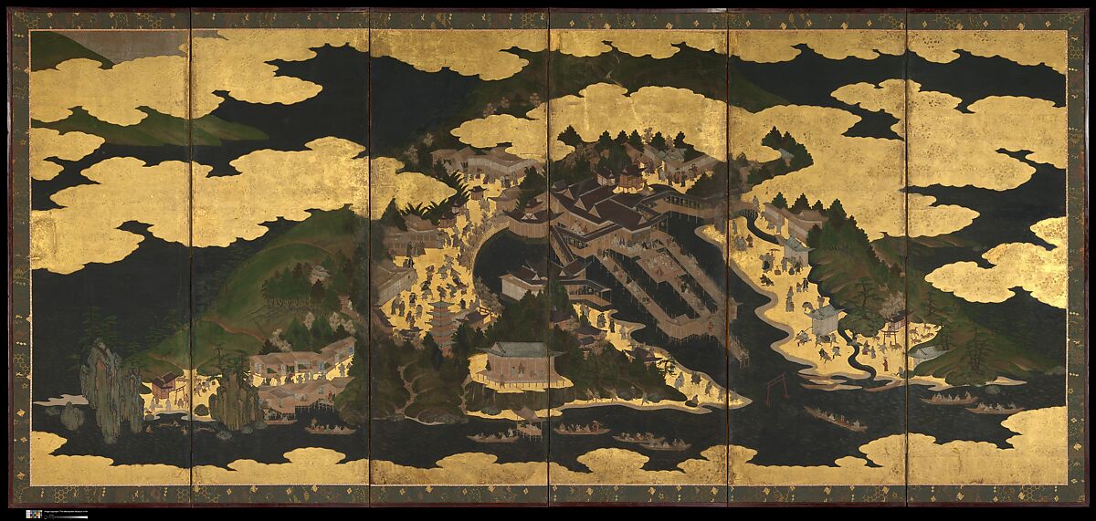 Cherry Blossom Viewing at Itsukushima and Yoshino, Pair of six-panel folding screens; ink, color, and gold leaf on paper, Japan